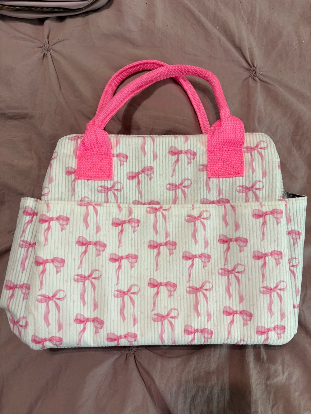 Pink Bow Print Insulated Tote Bag with Hot Pink Handles